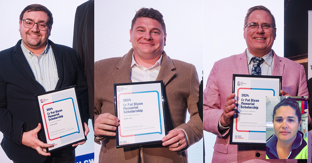 Pat Dixon Memorial Trust Scholarship winners (from left) Cr Stuart Larkins, Hayden Jones, and Roxanne Kenny (inset, award accepted by Central Darling Shire General Manager Greg Hill.