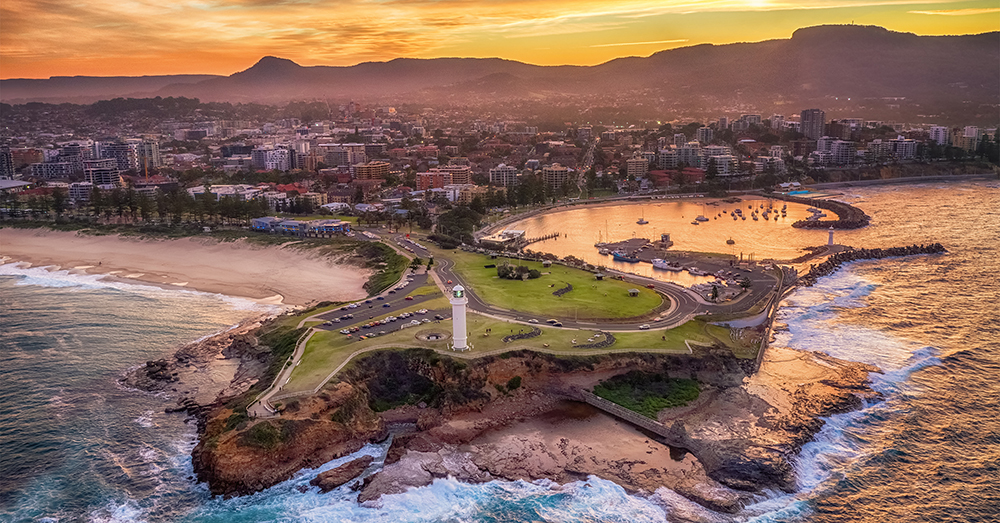 Aerial view of Wollongong Habour looking towards Wollongong and the escarpment 