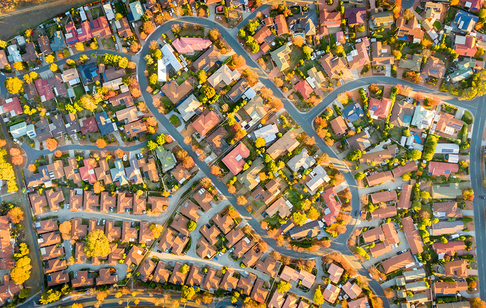 An aerial view of a city suburb.