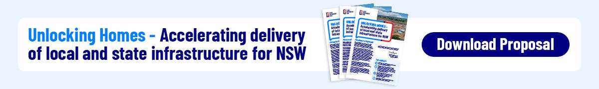 Banner promoting the "Unlocking Homes – Accelerating delivery of local and state infrastructure for NSW" proposal, featuring the proposal document and a prominent "Download Proposal" button.