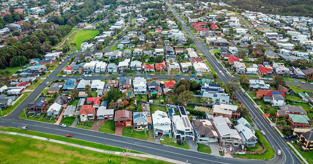 An aerial view of a suburban housing area.