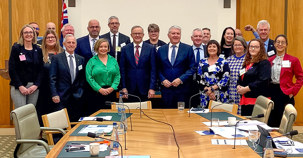 Darriea Turley and Scott Phillips in Canberra with Prime Minister Anthony Albanese, Minister for Skills and Training Brendan O’Connor MP, and others during the Local Government Federal Funding Summit on 7 September.