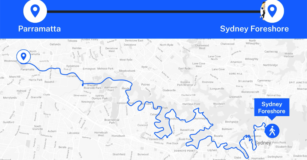 A map showing the route between Parramatta and Sydney.