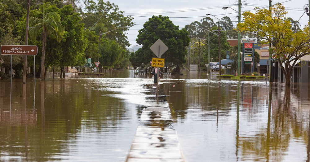 A Lismore street covered in water during the disastrous floods of 2022.