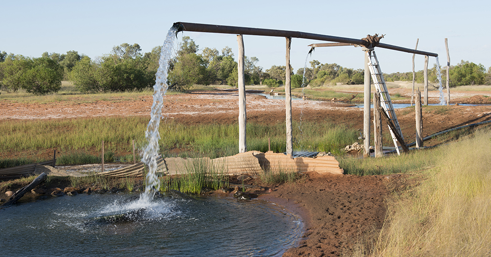 Water pumped from the Great Artesian Basin pours from a pipe into a holding pond.