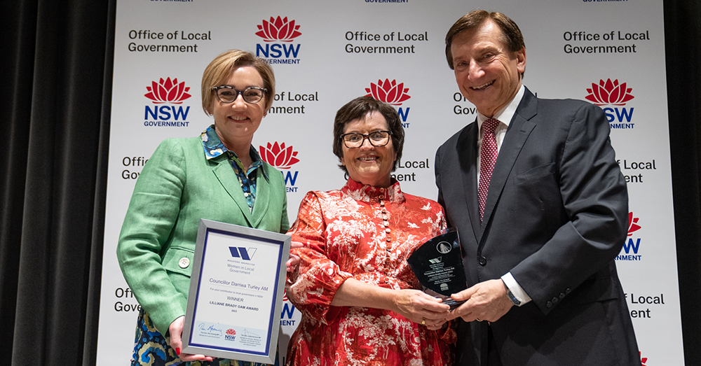 2023 Councillor Lilliane Brady OAM Award winner Councillor Darriea Turley AM, Local Government NSW President, with Local Government Minister Ron Hoenig and Minister for Women Jodie Harrison.