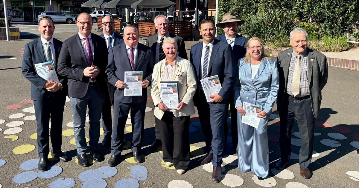 LGNSW President and local leaders from Greater Western Sydney. From left: Mr Ben Taylor (Wollondilly Shire Council CEO), LGNSW President Mayor Darcy Byrne, Mr Andrew Carfield (Camden Council General Manager), Mayor Darcy Lound (Campbelltown City Council), Mayor Les Sheather (Hawkesbury City Council), Cr Julie Griffiths (Blacktown City Council), Mayor Todd Carney (Penrith City Council), Mayor Matt Gould (Wollondilly Shire Council), Mayor Dr Michelle Byrne (The Hills Shire Council), Deputy Mayor Peter Harle (Liverpool City Council).