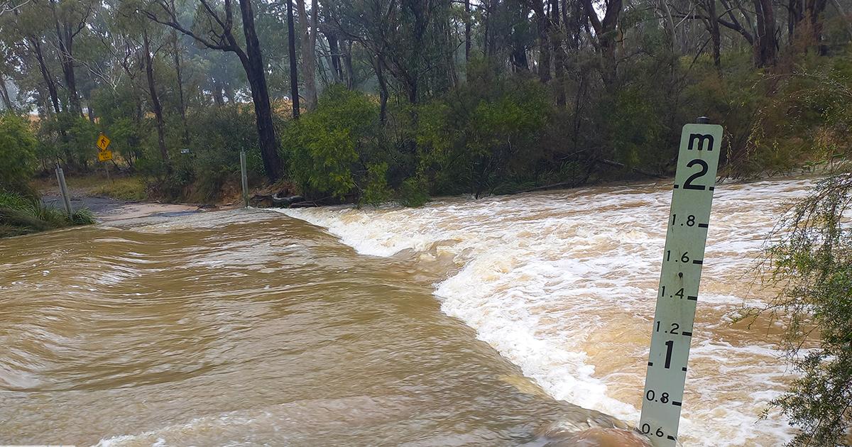 Floodwater rushes over a low-level road crossing in a bushland setting, with whitewater flowing across the submerged roadway. A water depth gauge in the foreground indicates rising water levels, highlighting hazardous conditions.