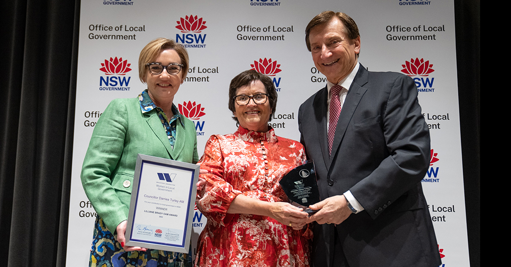 LGNSW President Cr Darriea Turley AM receives the Councillor Lilliane Brady OAM Award from Local Government Minister Ron Hoenig and Minister for Women Jodie Harrison.