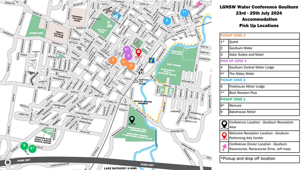 Goulburn street map showing bus pickup zones for the LGNSW Water Conference. 
