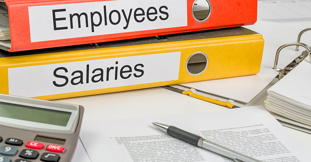 Ring binders on a desk labelled Employeess and Salaries 