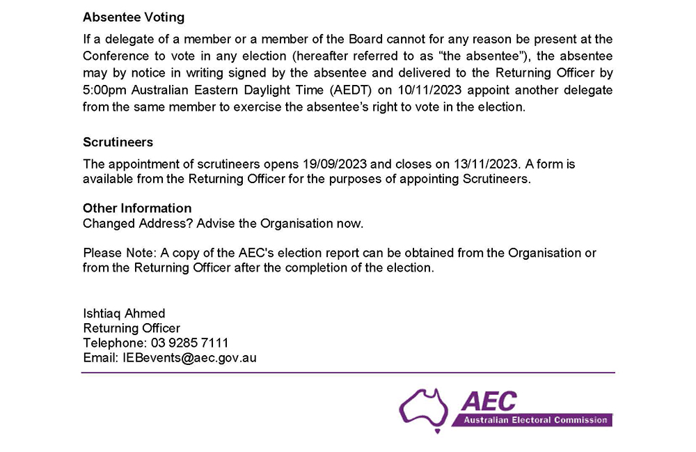 Copy of AEC 2023 Board Elections notice (page 2). There is a link to this PDF at the bottom of this webpage. 