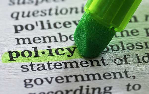 Highlighting pen marking the word Policy in a dictionary.