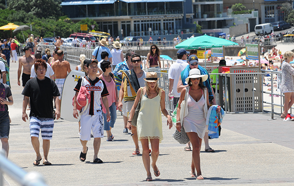 People walking along the boulevard at Bondi Beach.